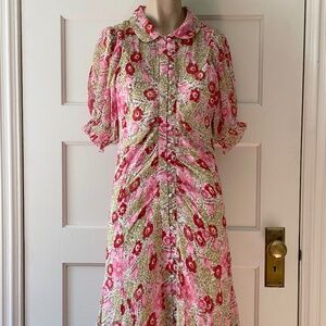 Anthropologie Pink and Red Floral Midi Dress
